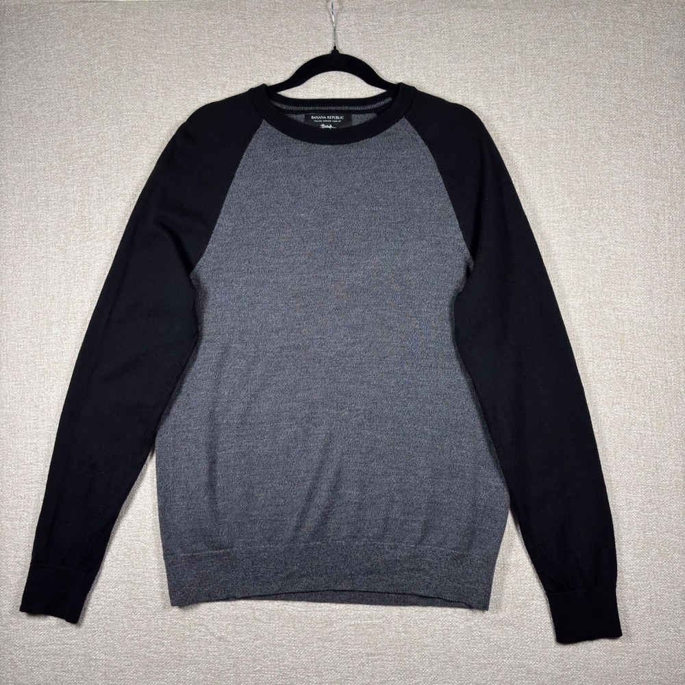 Banana Republic Mens Baruffa Merino Wool Sweater L Gray Black Raglan Crewneck